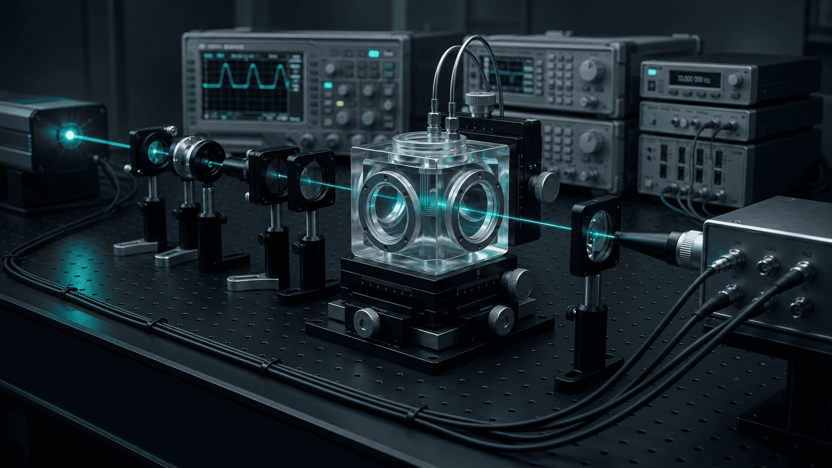 A dark CCT Labs reference bench with measurement instruments, timing hardware, optical path, and a central chamber.