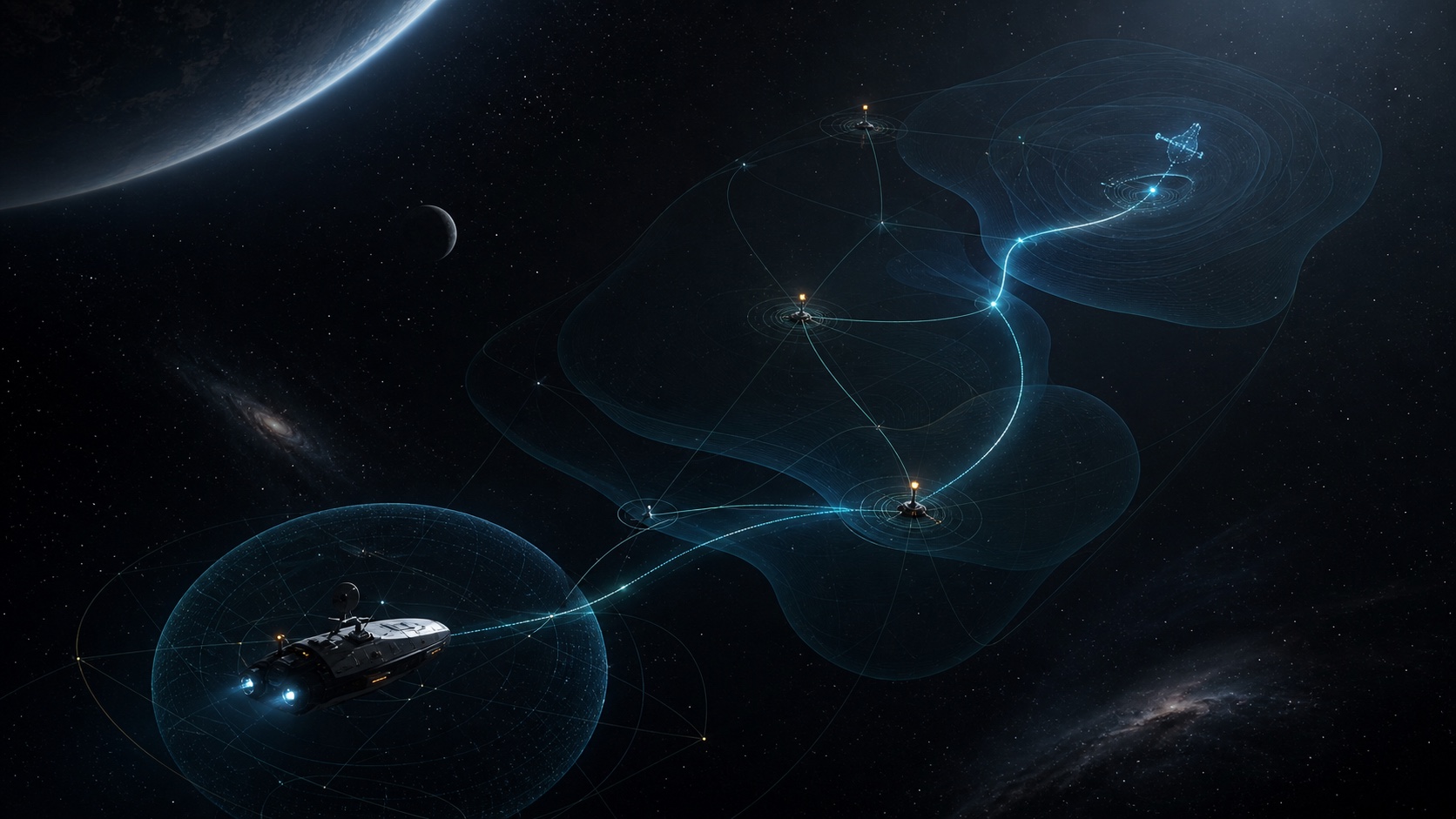 Long-horizon effective adjacency scene showing a craft moving through sparse timing, correction, basin, and reconstruction structures in deep space.